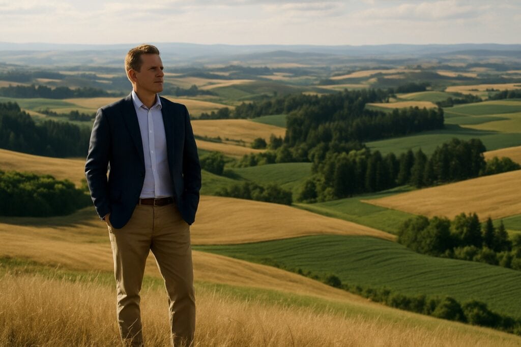 Land broker overlooking diverse Washington State agricultural landscapes.