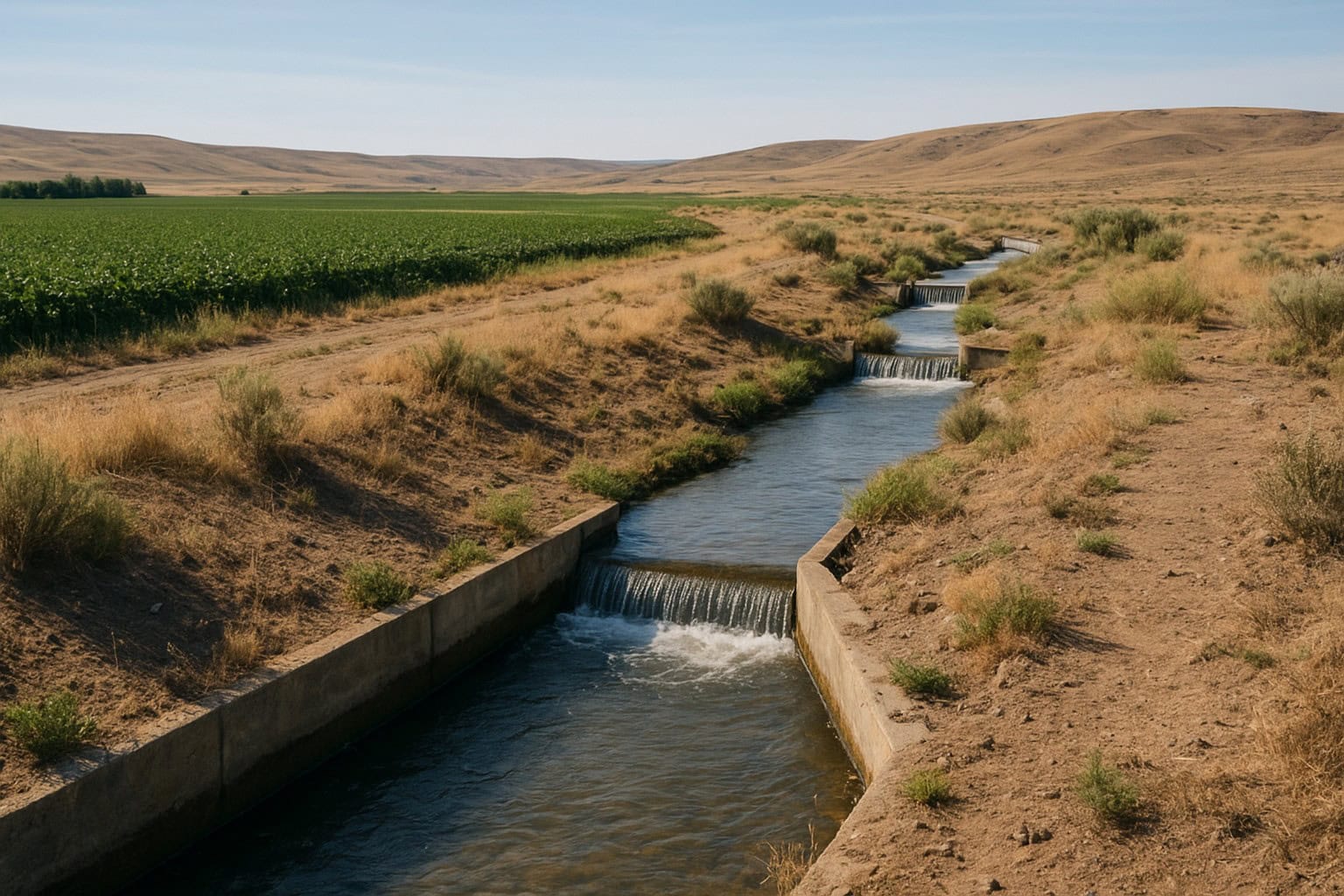 Irrigation canal system in Columbia Basin transforming arid land.