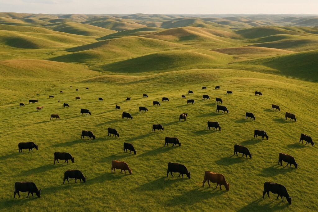 Aerial view of Palouse hills with grazing cattle in Washington State.