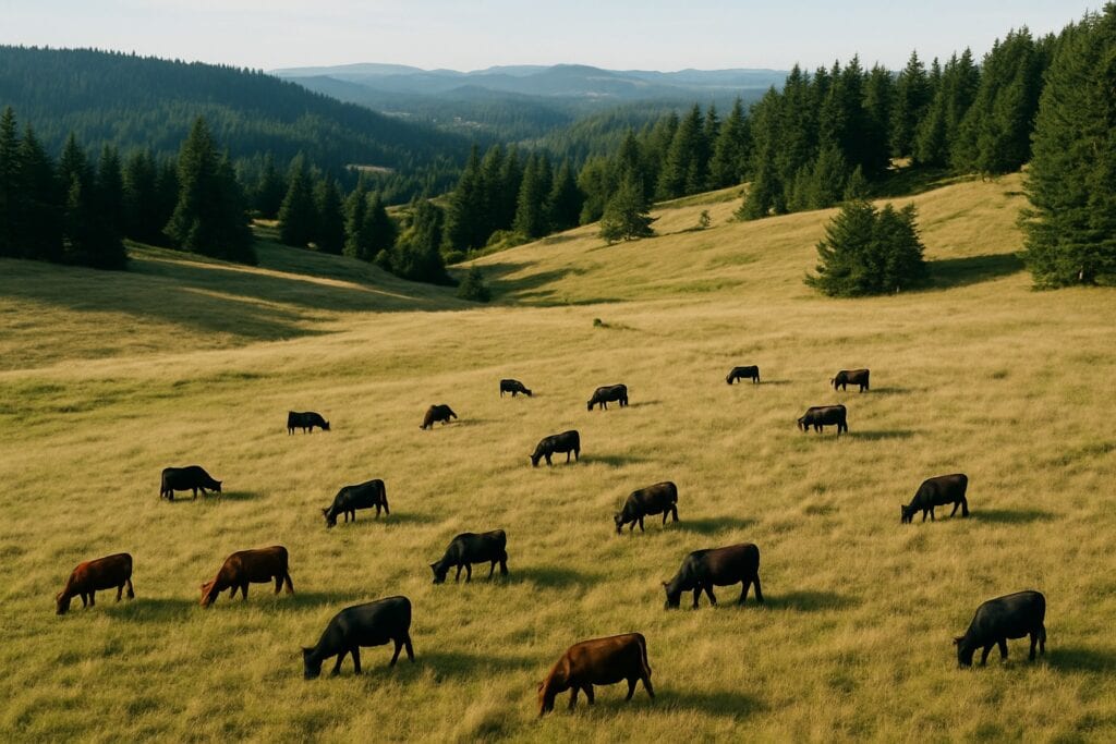 Aerial view of grazing land in Washington State with cattle.