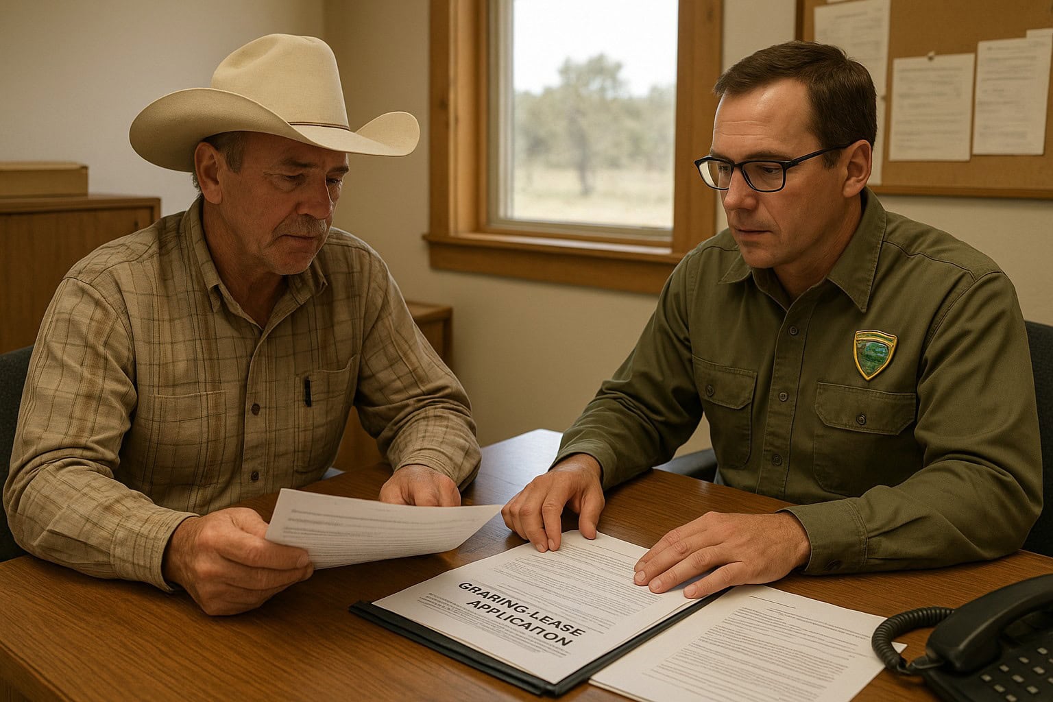 Rancher discussing grazing lease application with BLM officer.