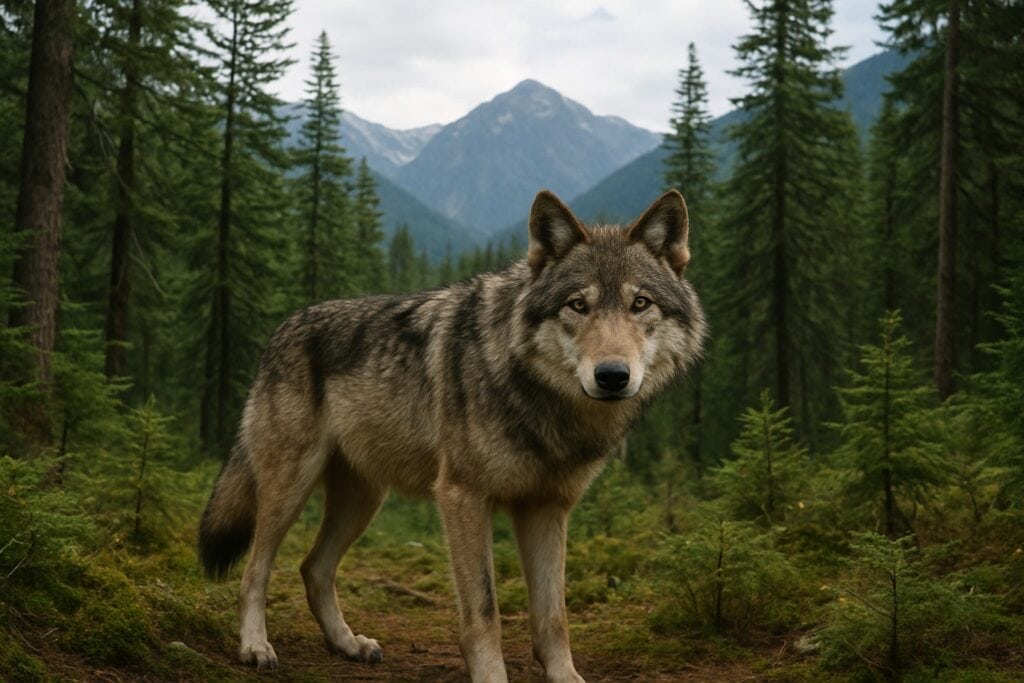 Grey wolf in a Washington State forest with mountains.