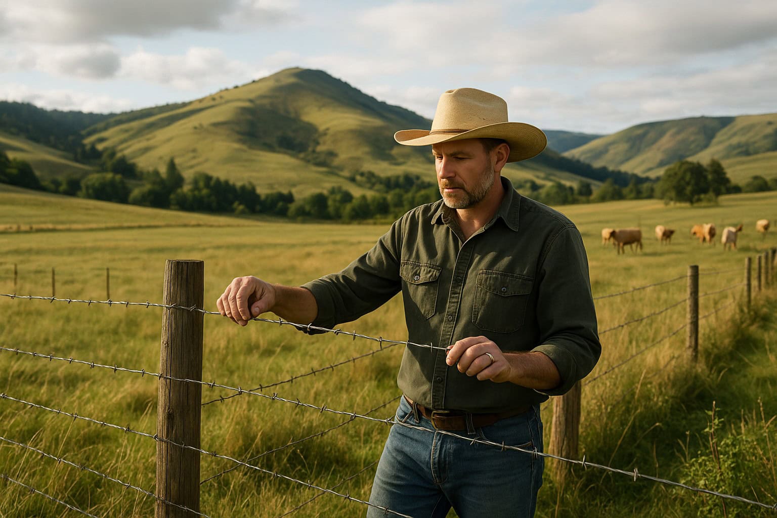 Farmer checking fencing on a Washington farm for livestock protection.