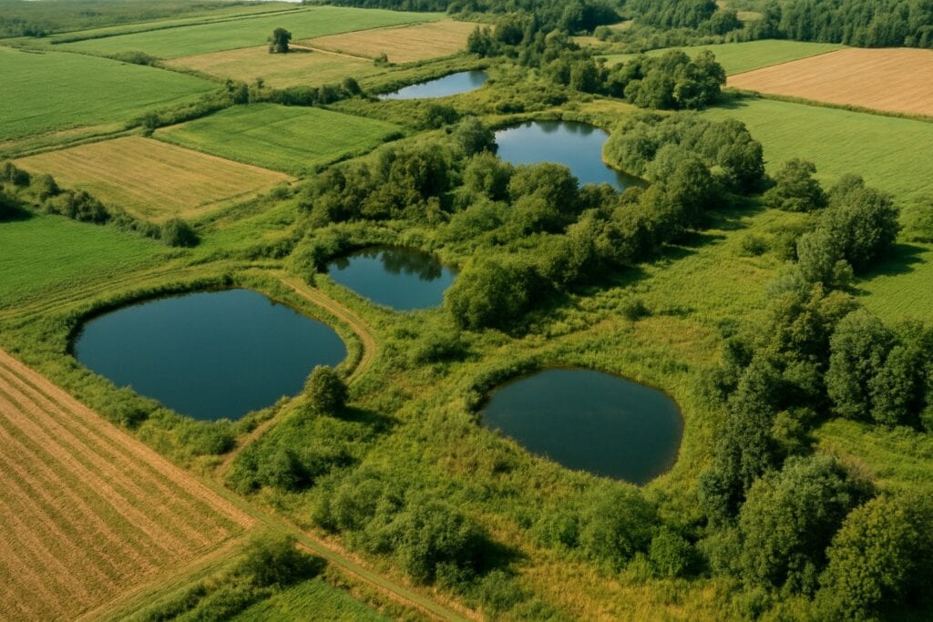Aerial view of Washington State farm with ponds and diverse vegetation for aquifer recharge.