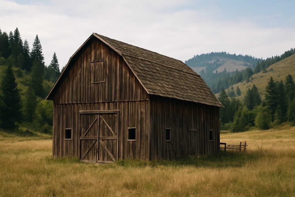 Historic wooden barn in Washington State with rolling hills and evergreens.