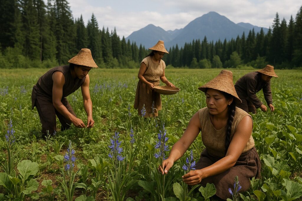 Indigenous people practicing sustainable agriculture with camas and wapato in the Pacific Northwest.