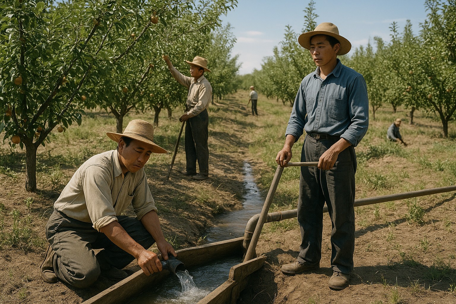 Japanese-American farmers using innovative irrigation in Yakima Valley orchards.