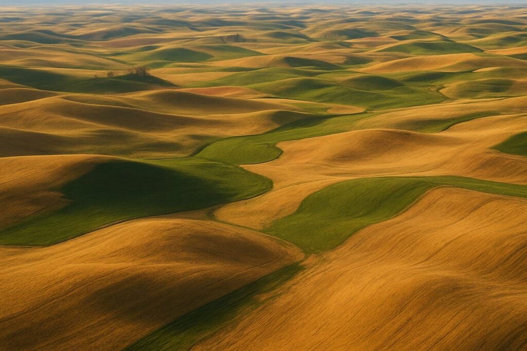 Aerial view of rolling hills and wheat fields in the Palouse region of Eastern Washington.