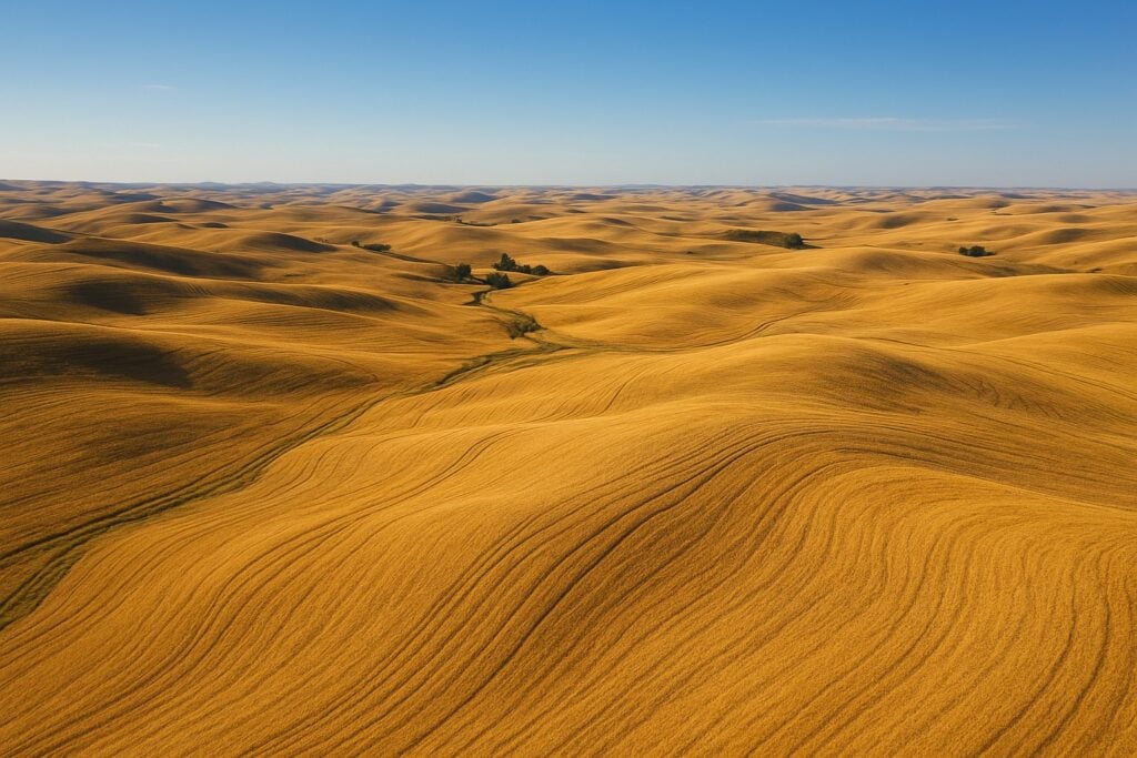 Aerial view of wheat fields in the Palouse region with rolling hills.
