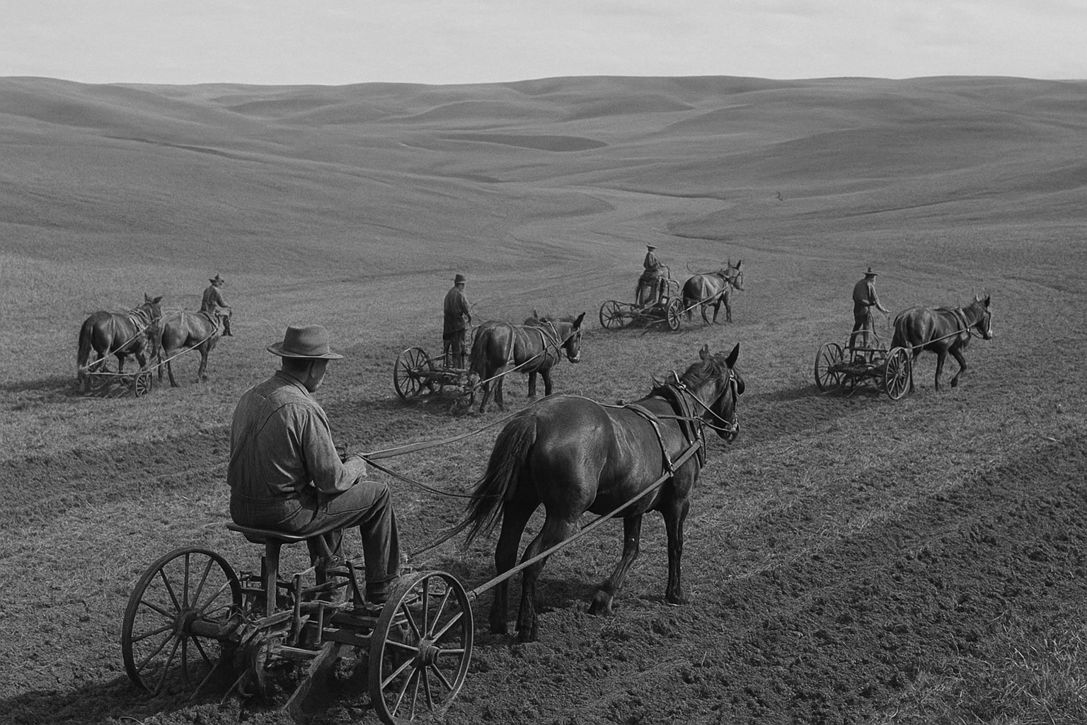 Historical photo of farmers with mechanized plows in the Palouse.