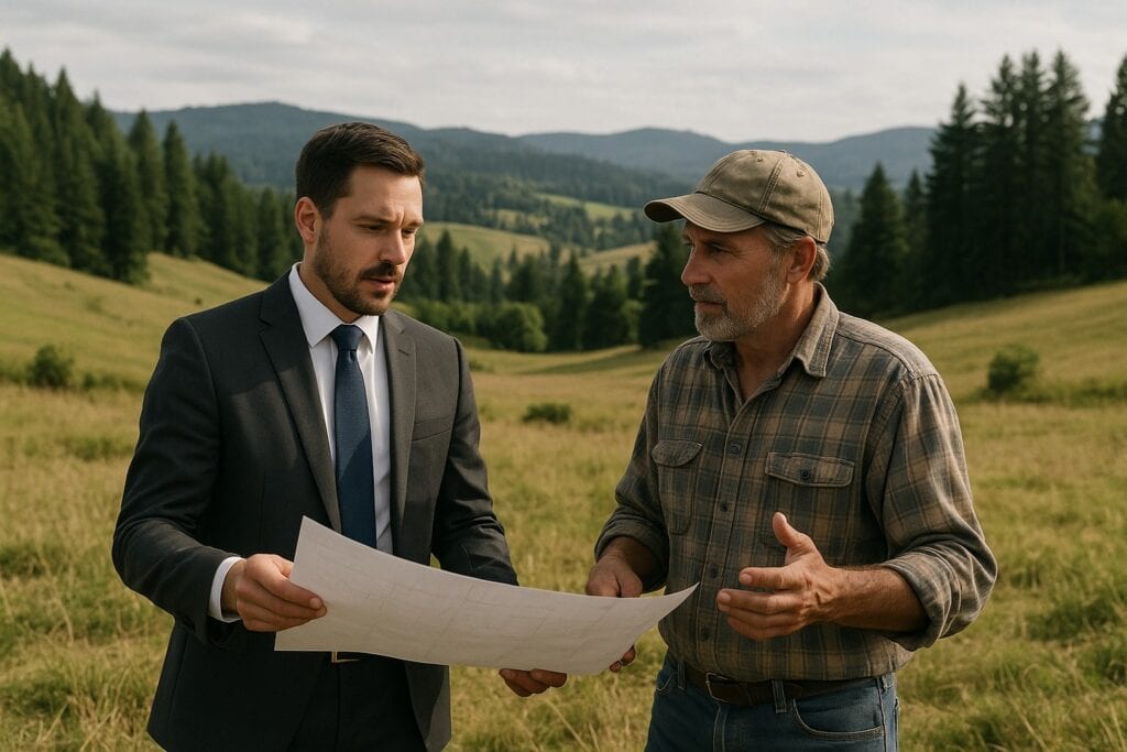 Land broker and farmer in rural Washington State landscape.