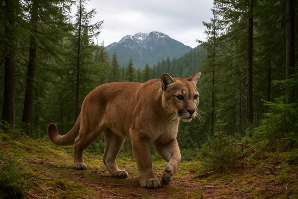 Cougar in a Washington State forest with mountains and evergreens.