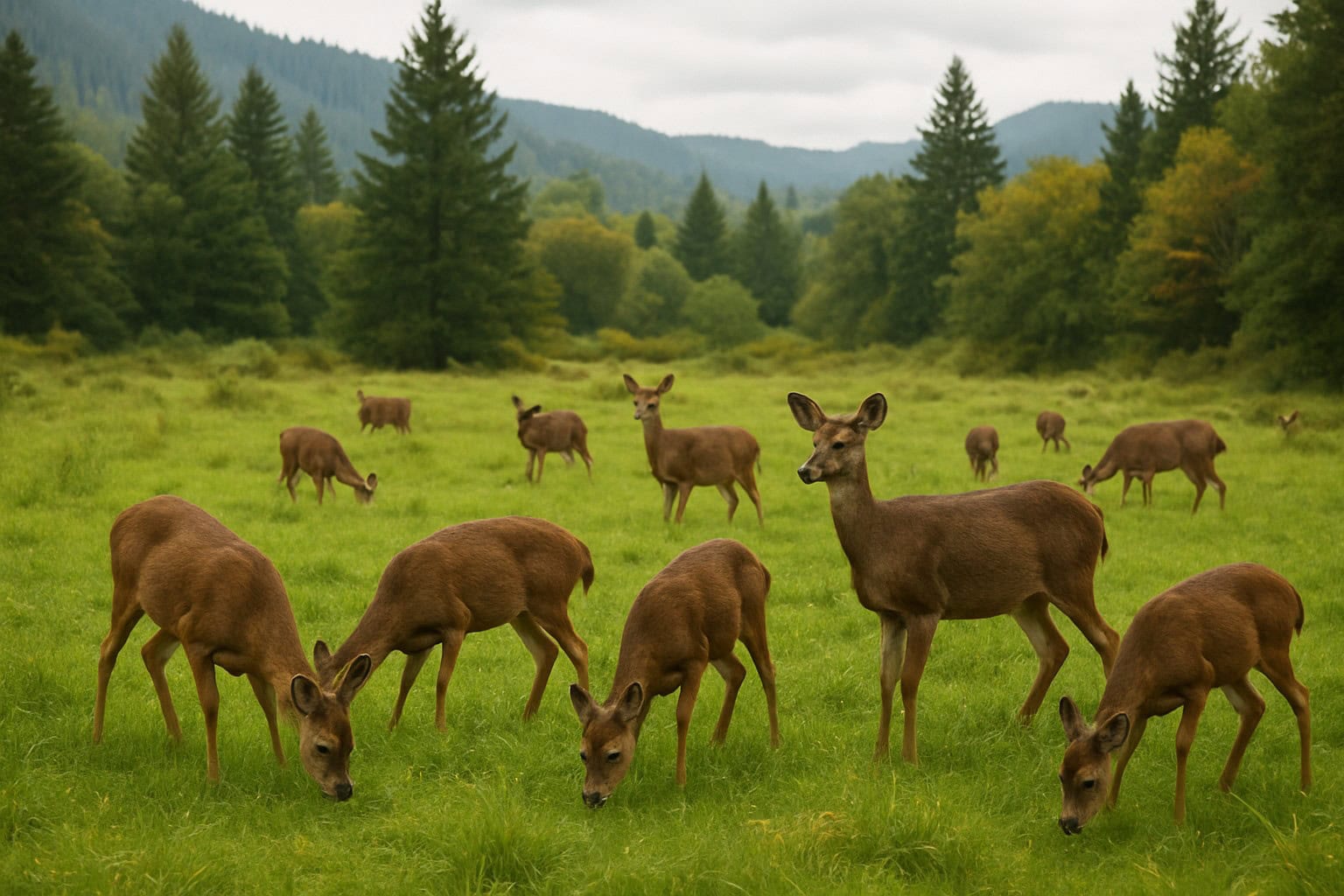 Herd of deer grazing in a lush Washington State landscape.
