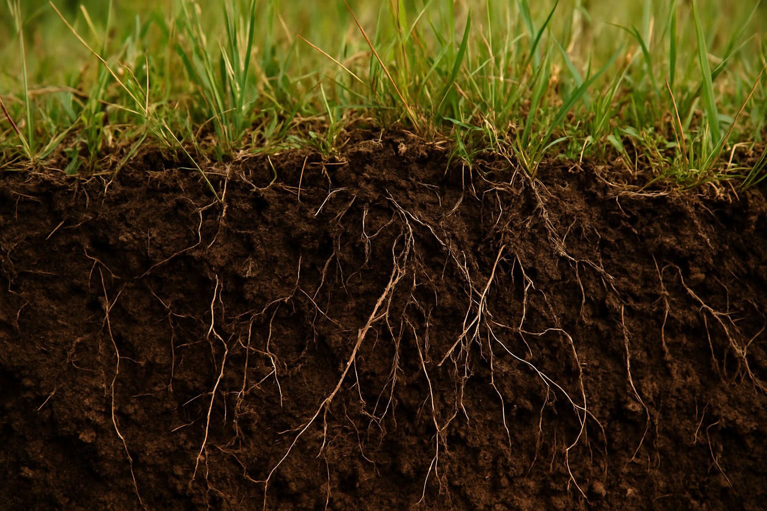 Healthy soil in Washington State grassland with visible plant roots.