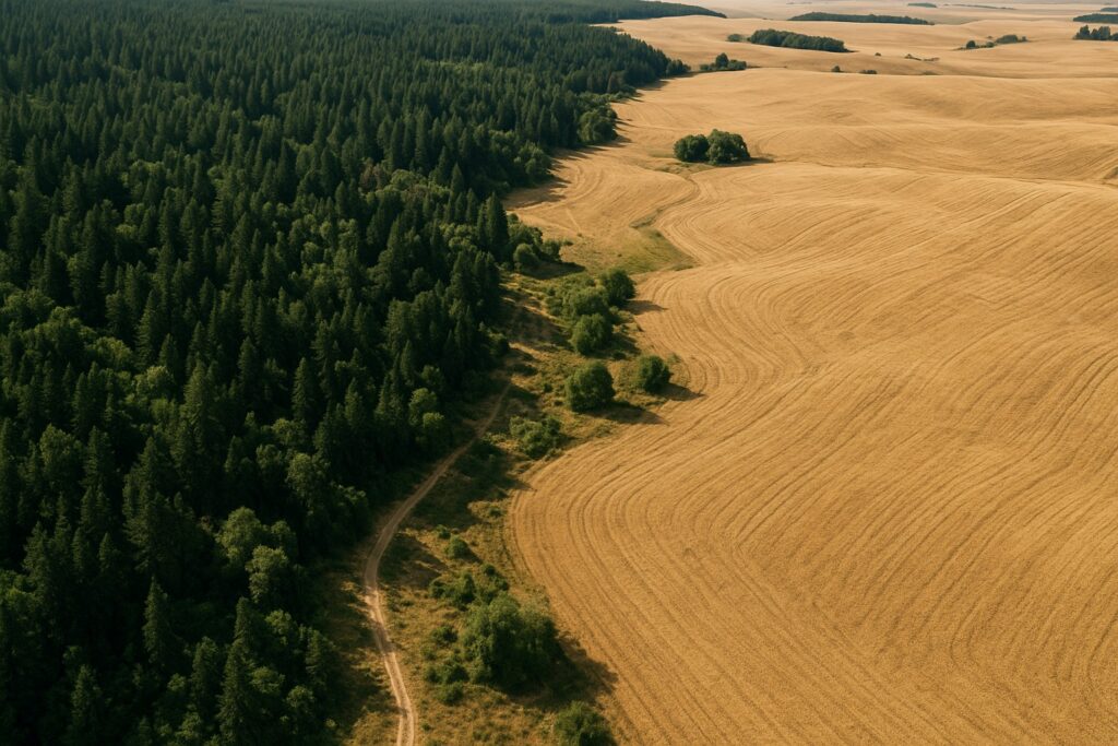 Aerial view of Washington State landscapes with forests and wheat fields.