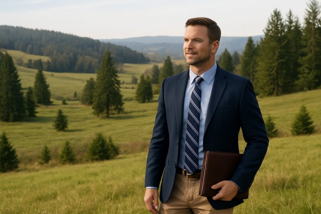 Land broker in a Washington State landscape with hills and trees.