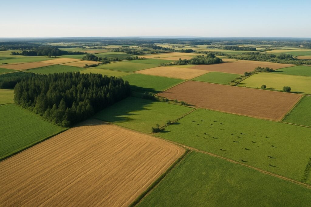 Aerial view of diverse agricultural land in Washington State with crop fields, timberland, and grazing areas.