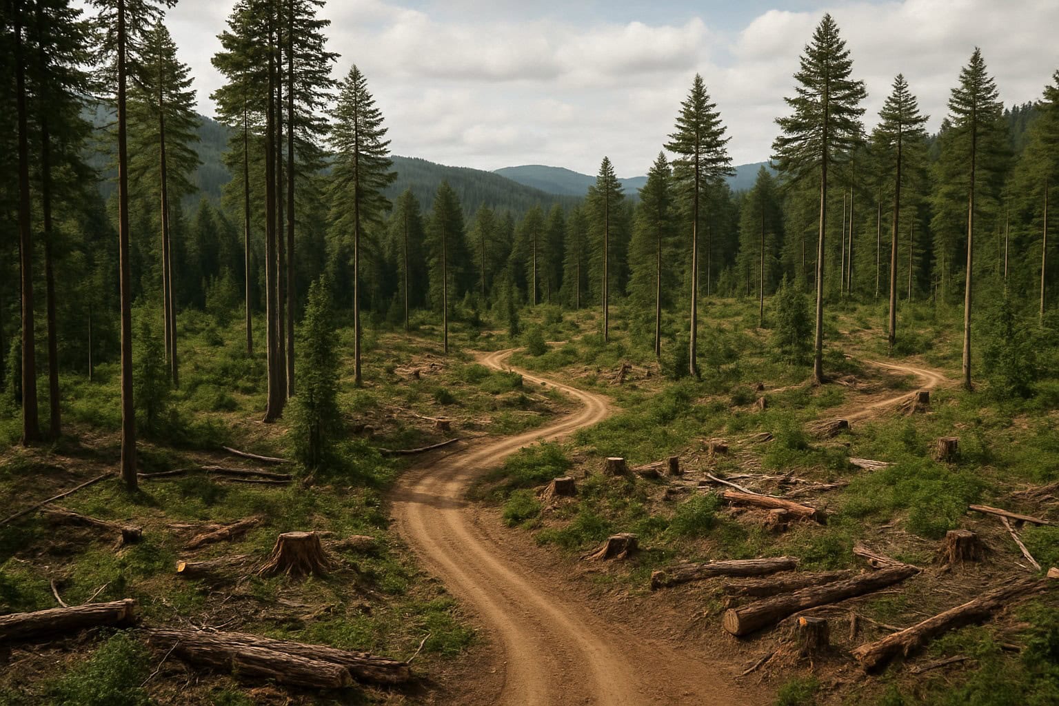Timberland area in Washington State with managed forest and logging roads.