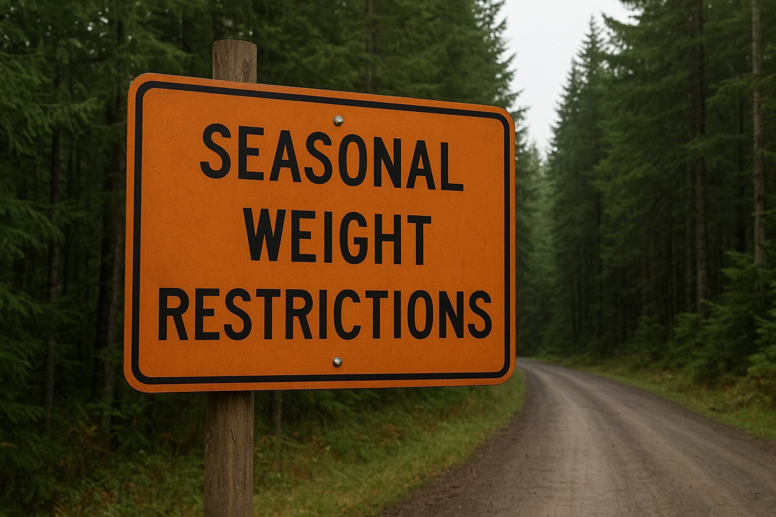 Rural road maintenance sign in Washington State with evergreen trees.