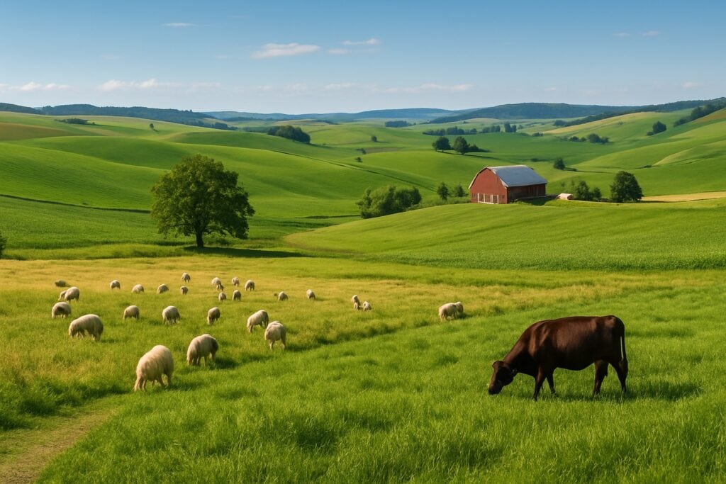 A fertile farm in Washington State with rolling hills and green fields under a blue sky.