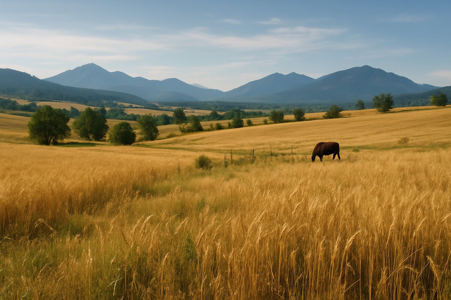 A rural Washington State landscape featuring dryland wheat fields and mountains.