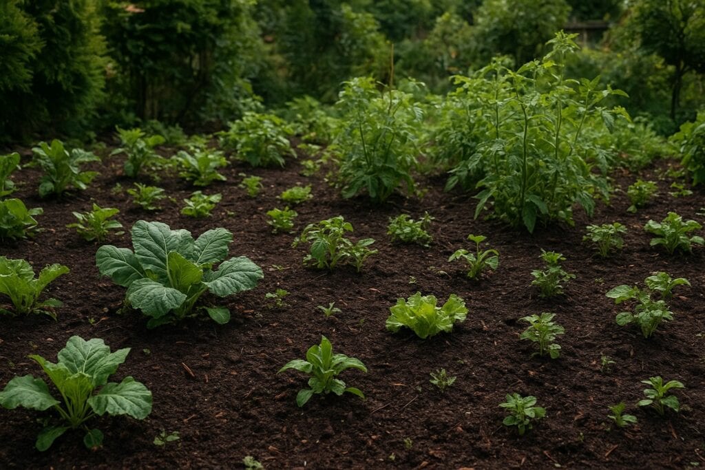 Lush backyard garden in Washington State with rich soil and healthy plants.