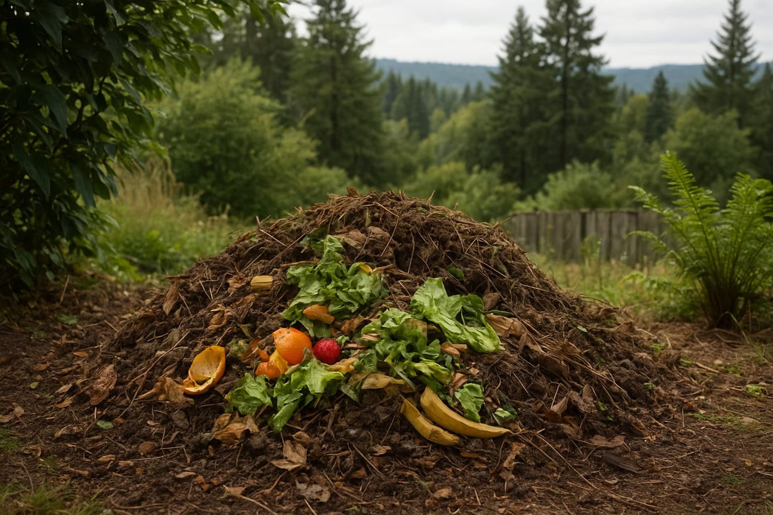 Compost pile in a backyard with kitchen scraps and yard waste in Washington State.
