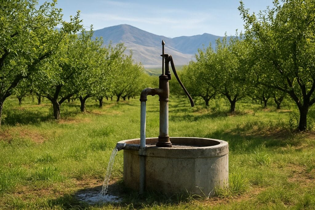 Irrigation well in Yakima Valley orchard with mountains in background.