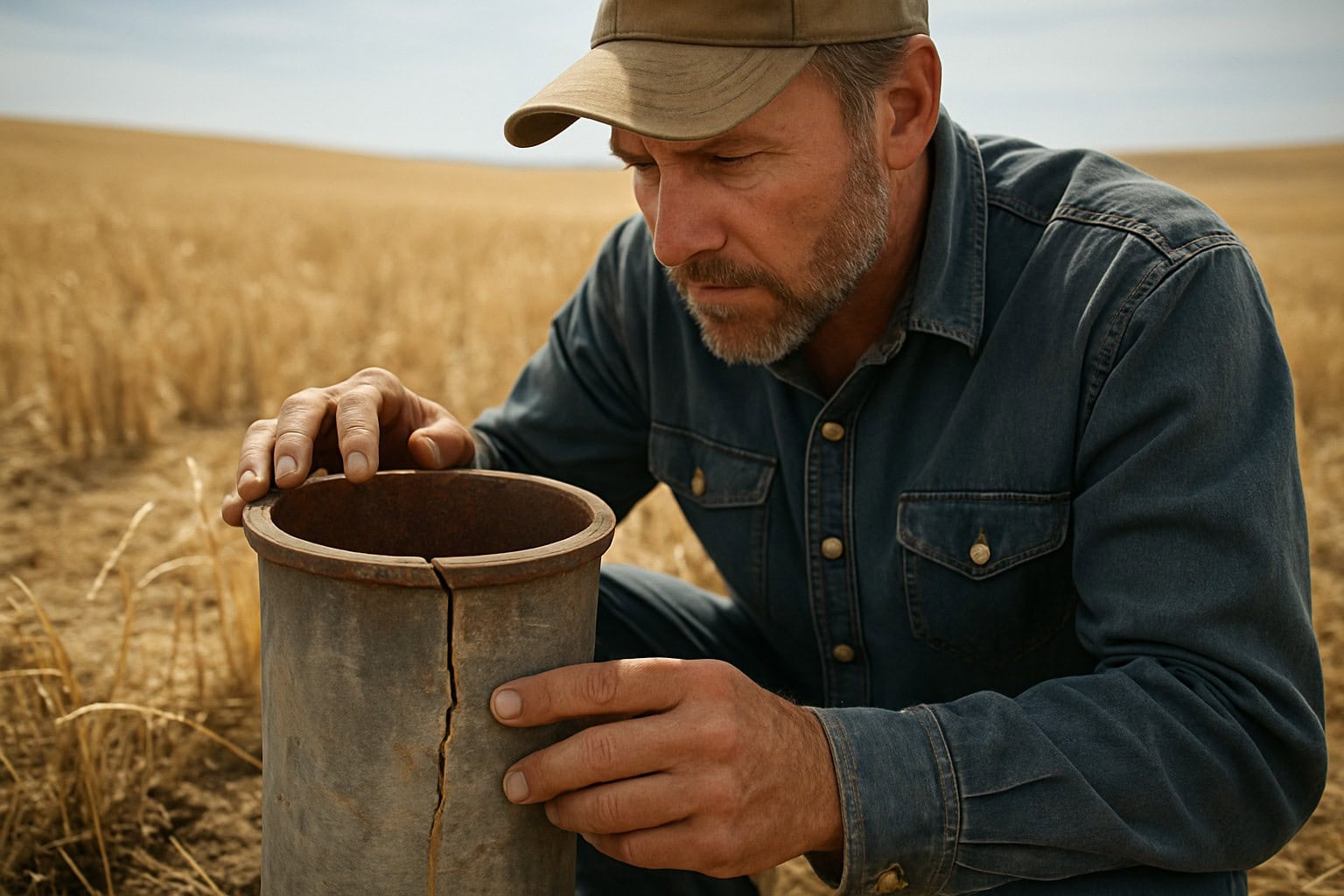 Farmer inspecting well casing in Eastern Washington wheat fields.