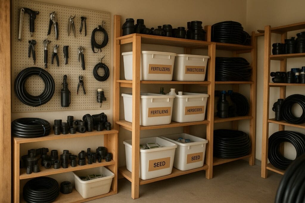 Organized agricultural shop with labeled tools in Washington State.