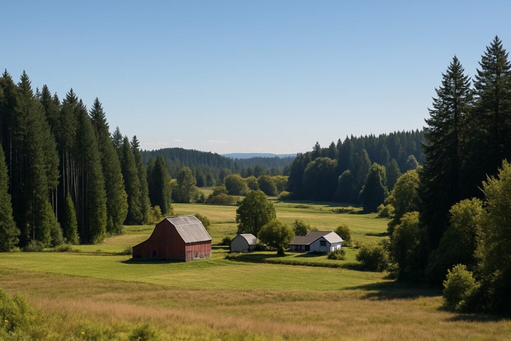 A Washington State farm showcasing diverse habitats with timberland and open fields.