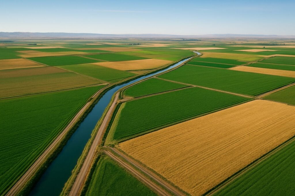 Aerial view of Quincy, Washington agricultural land with irrigation canals.