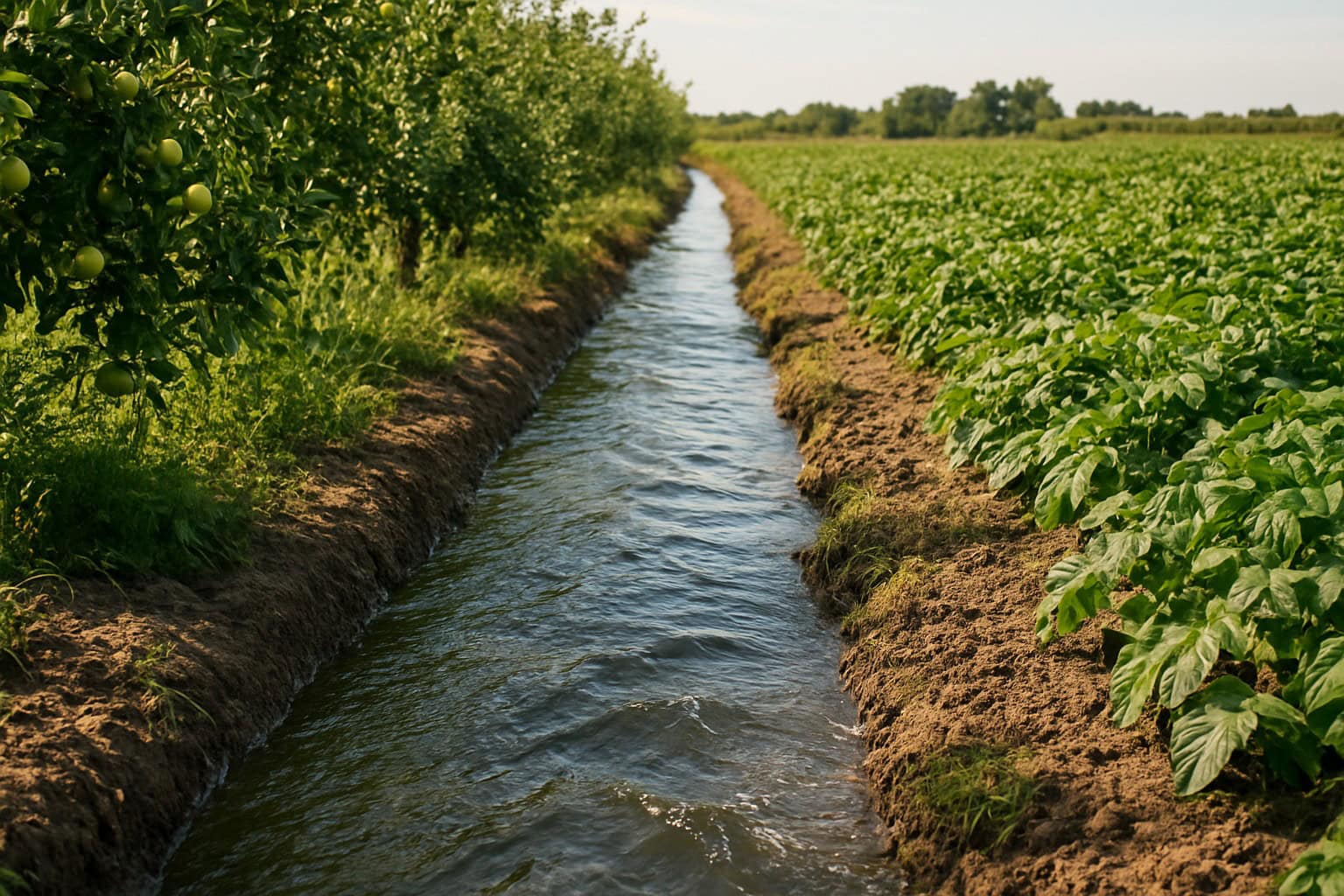 Irrigation canal in the Columbia Basin with flowing water and surrounding crops.