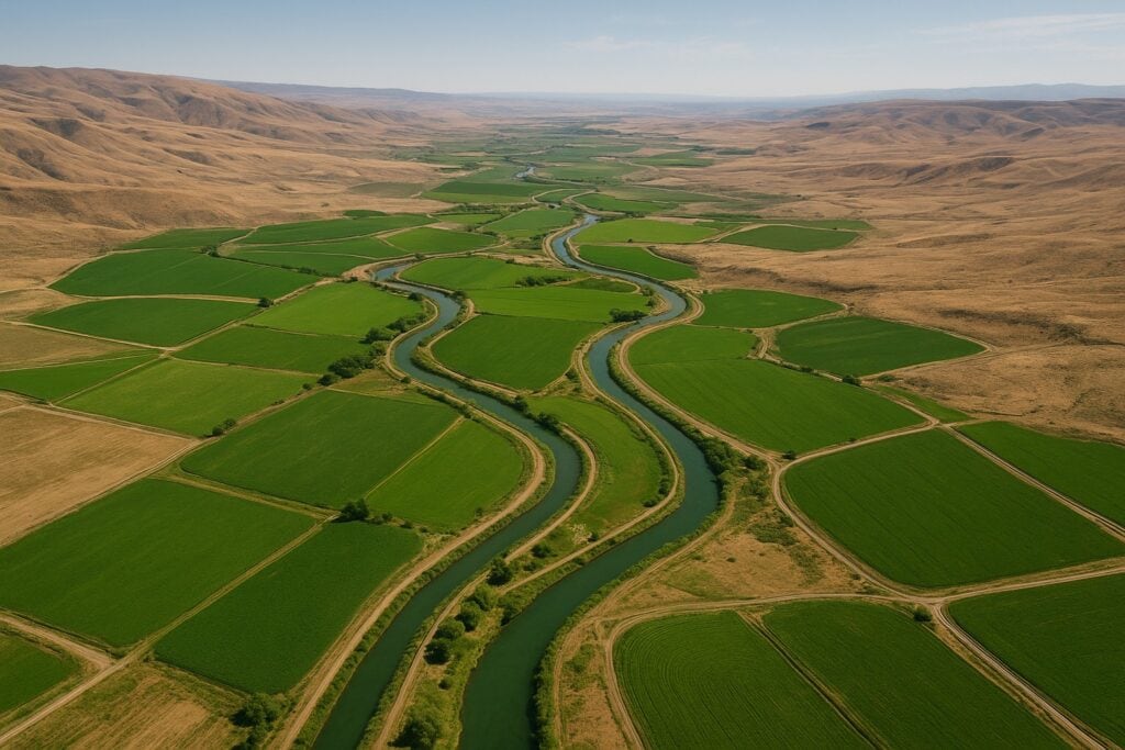 Aerial view of Columbia Basin with irrigation canals and farmland.