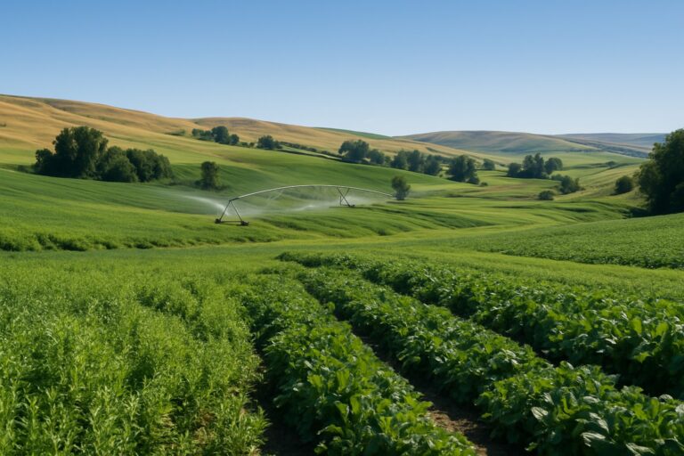 Irrigated farm in Central Washington with crops and blue sky.