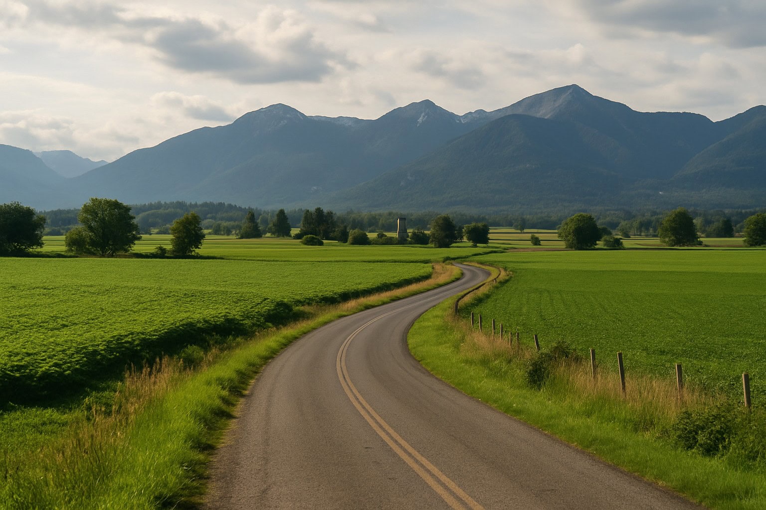 Rural road through Washington farmland with green fields and mountains.