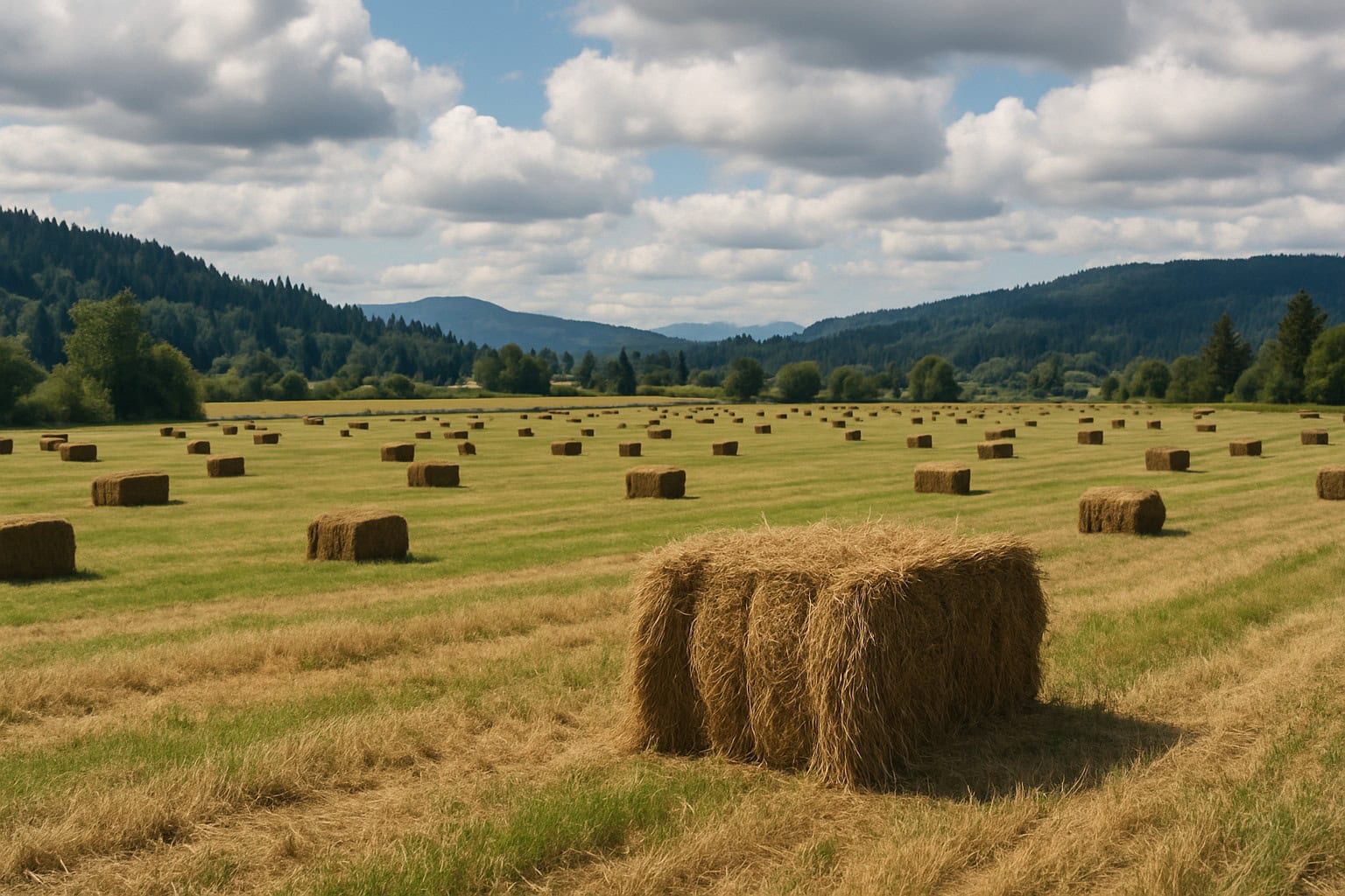 Washington State hay field with hay bales and a partly cloudy sky.