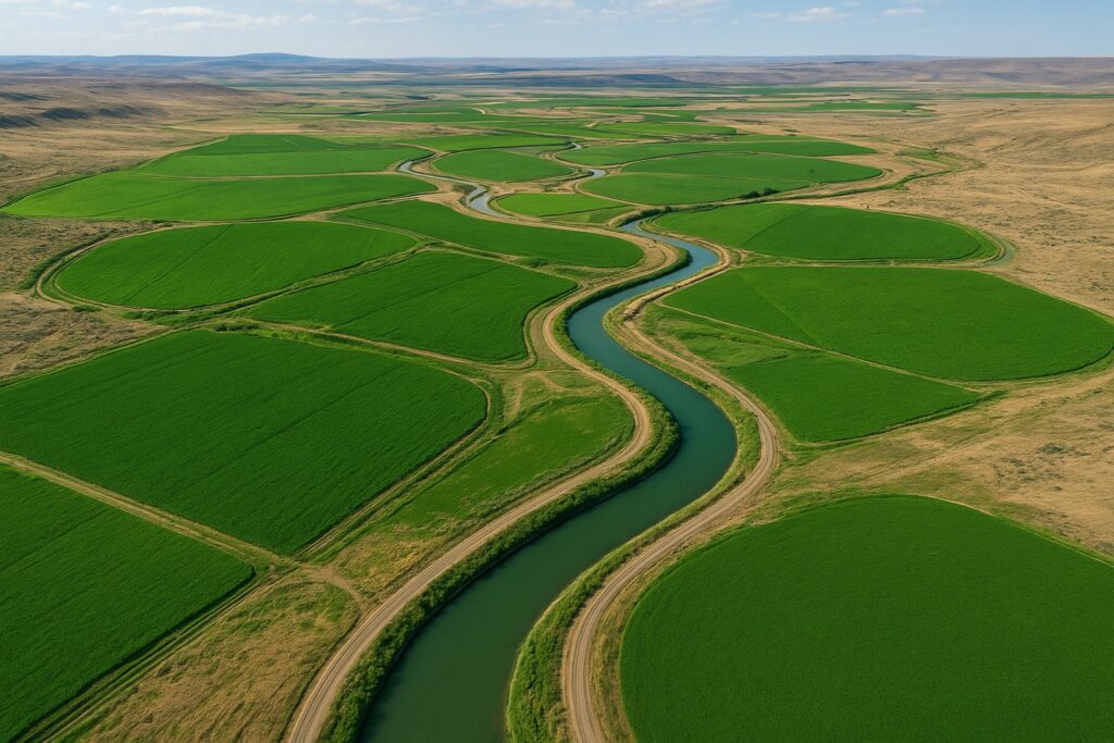 Aerial view of the Quincy-Columbia Basin showing irrigation canals and green fields in Washington State.