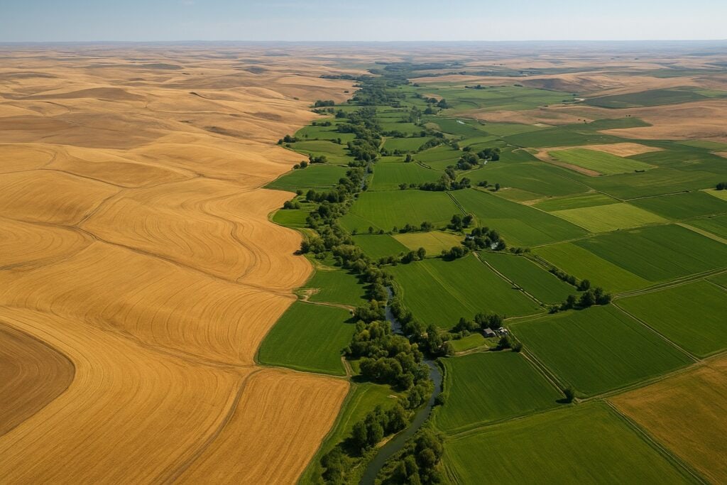 Aerial view of Washington State farmland with diverse landscapes including wheat fields and irrigated valleys.