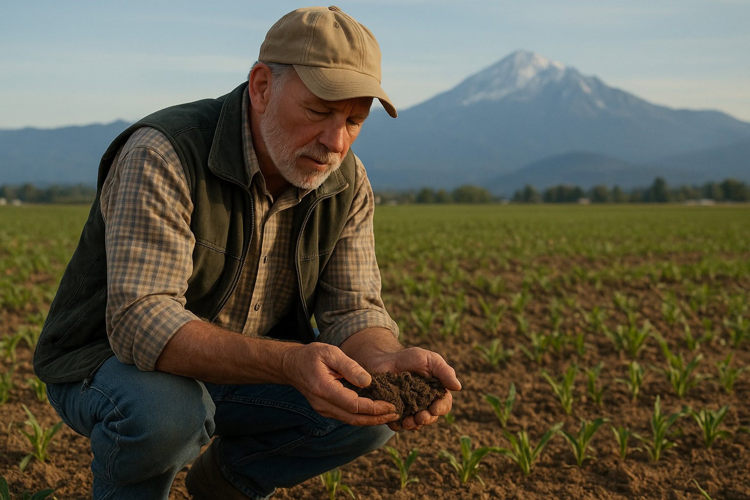 Farmer checking soil quality in a Washington State field with mountainous backdrop.