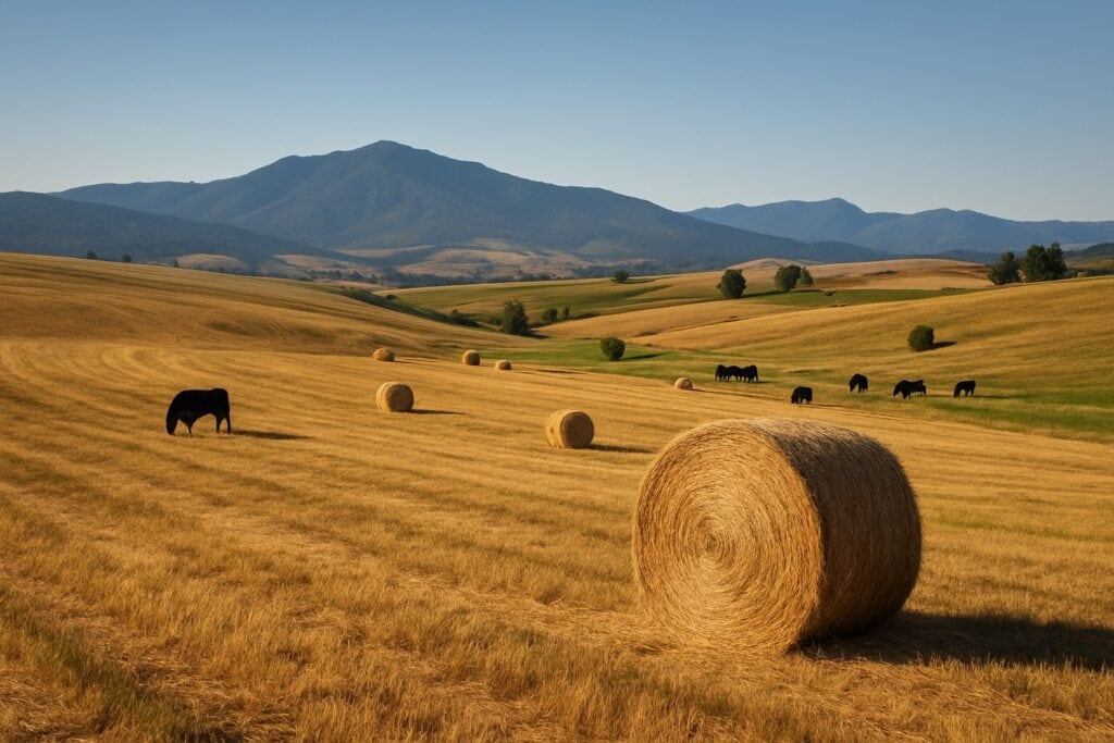 A Washington State farm with hay fields and mountains.