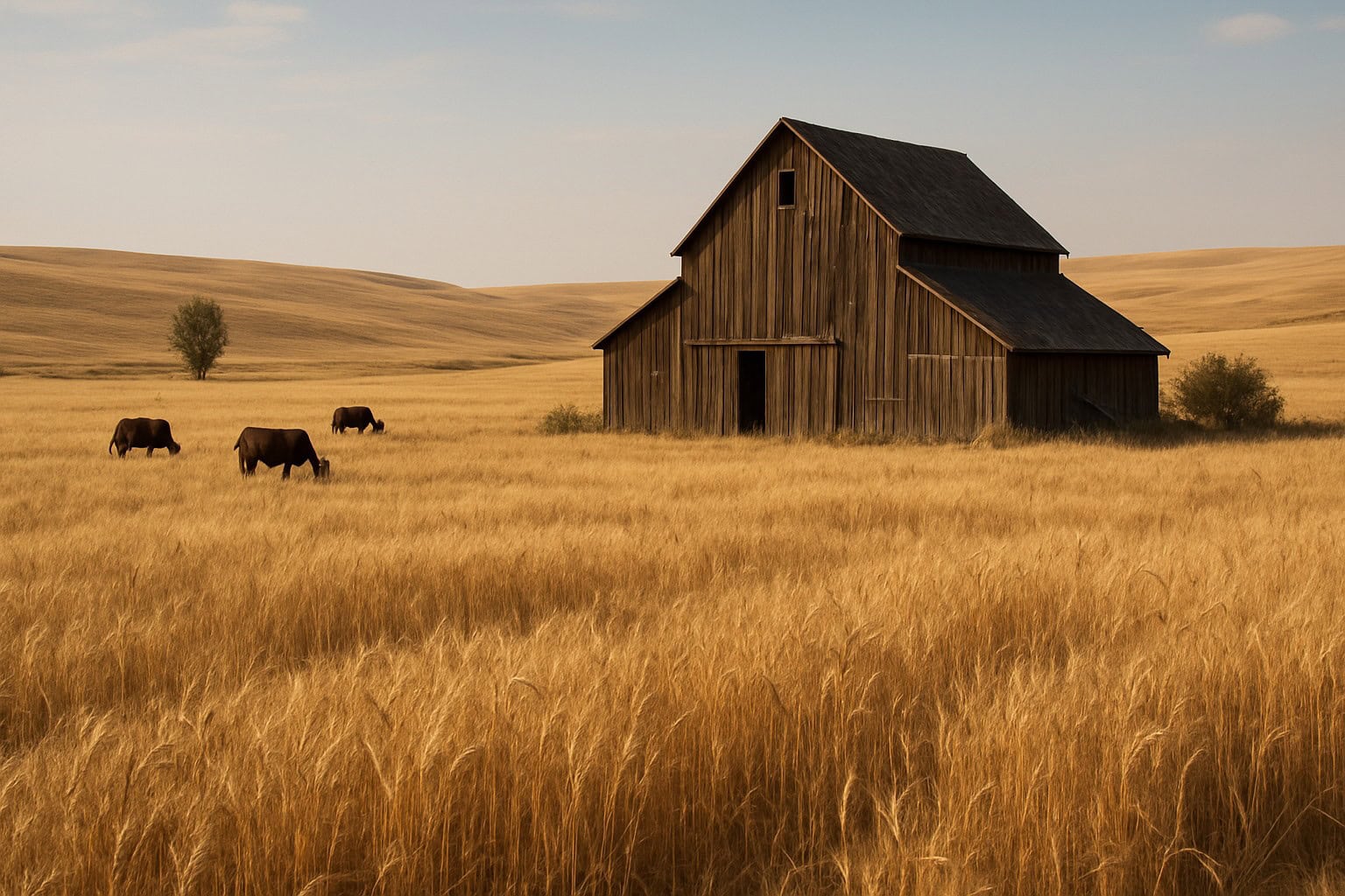 Dryland wheat fields in Eastern Washington with a barn.