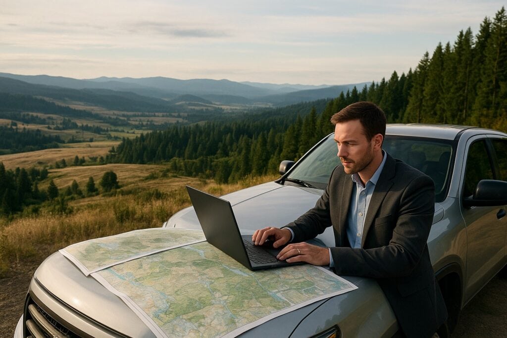 Land broker working from a truck in Washington State with scenic landscapes.