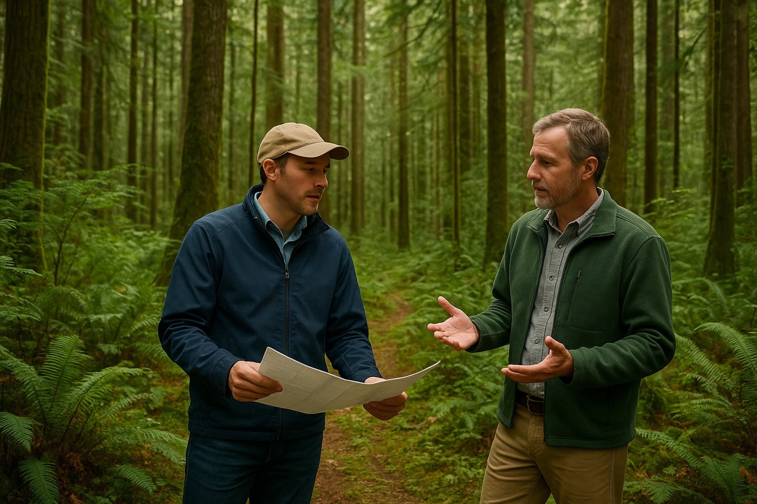 Land broker and client in Olympic Peninsula timberland.