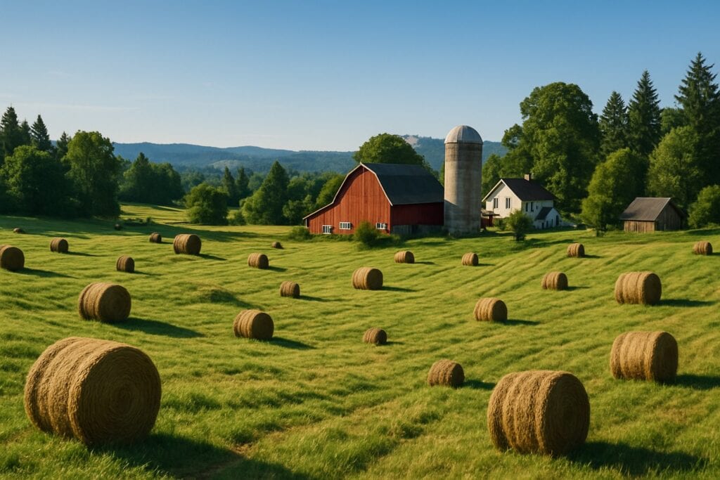A picturesque Washington State farm with hay fields under a clear sky.