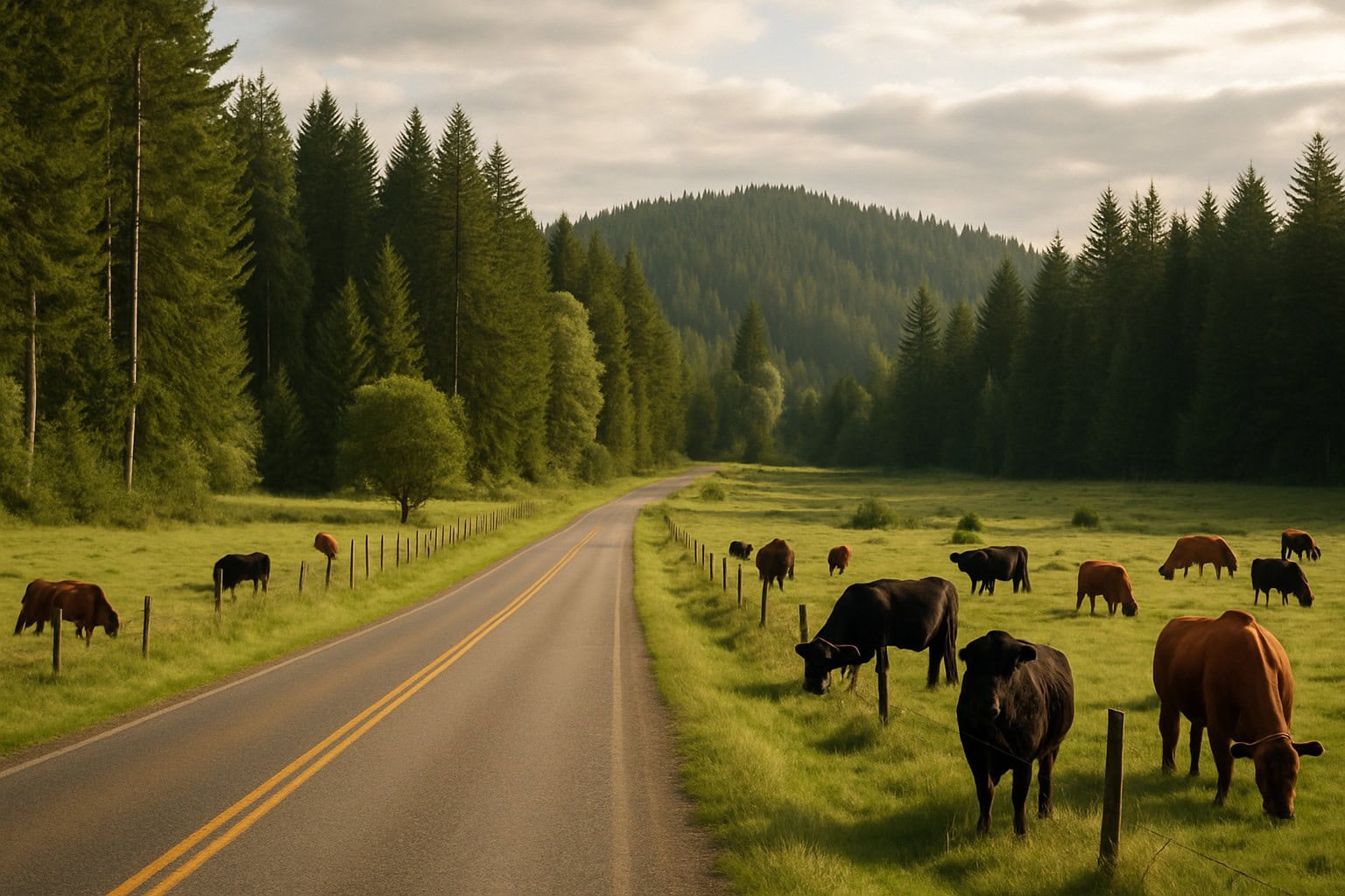 A rural road in Washington State with timberland and grazing cattle.