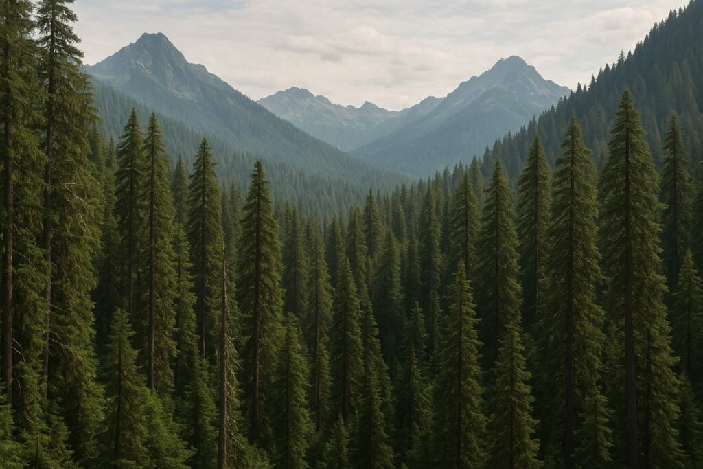 Selkirk Mountains with old-growth forests, former habitat of woodland caribou.