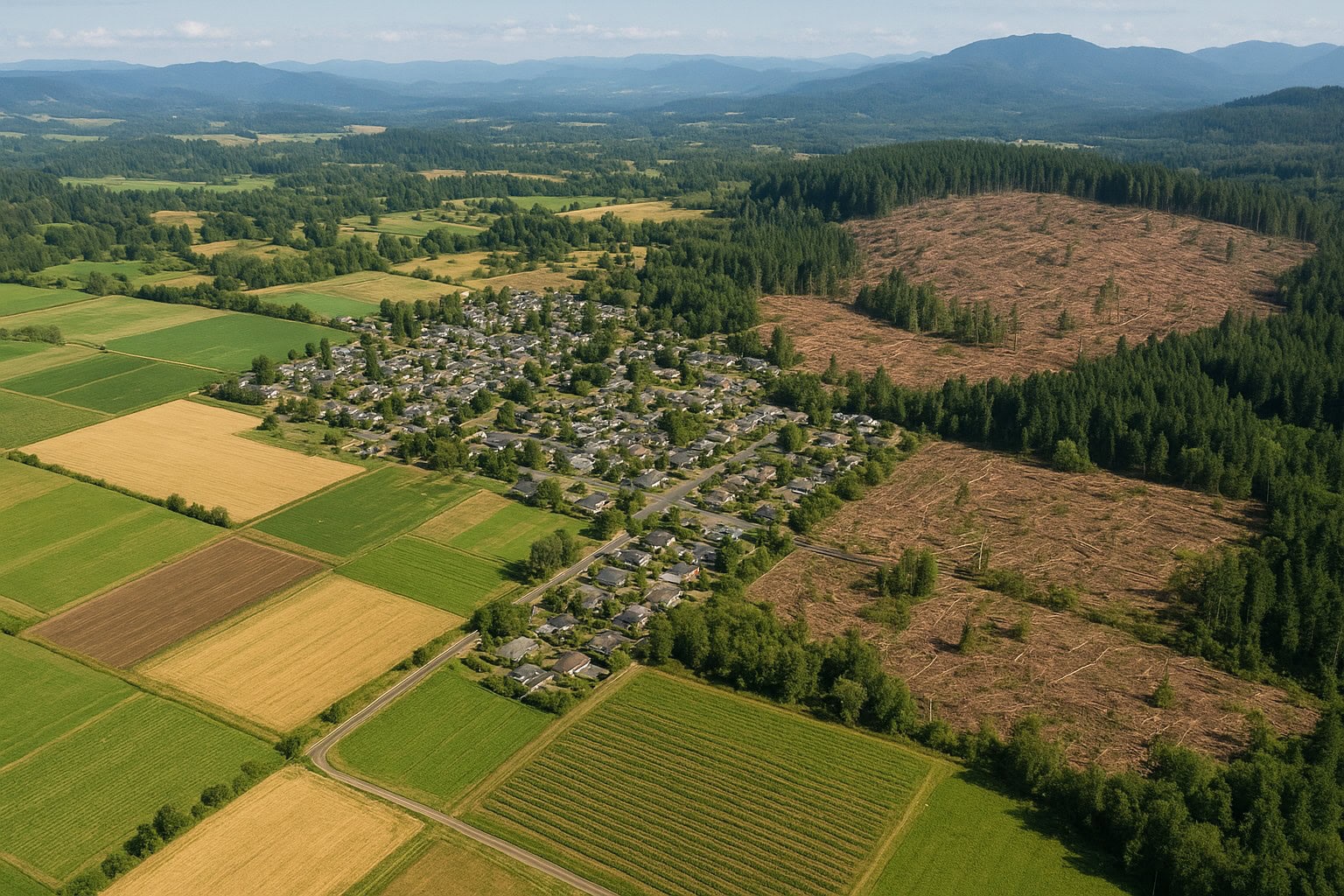 Fragmented landscape in Washington State with agriculture, urban areas, and logging.