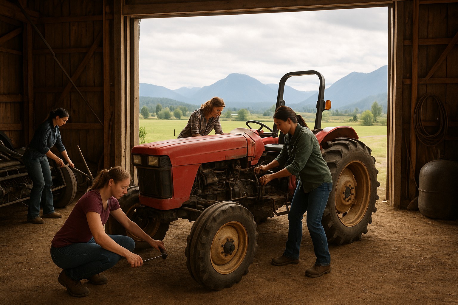 Women maintaining farm machinery in a Washington State barn.
