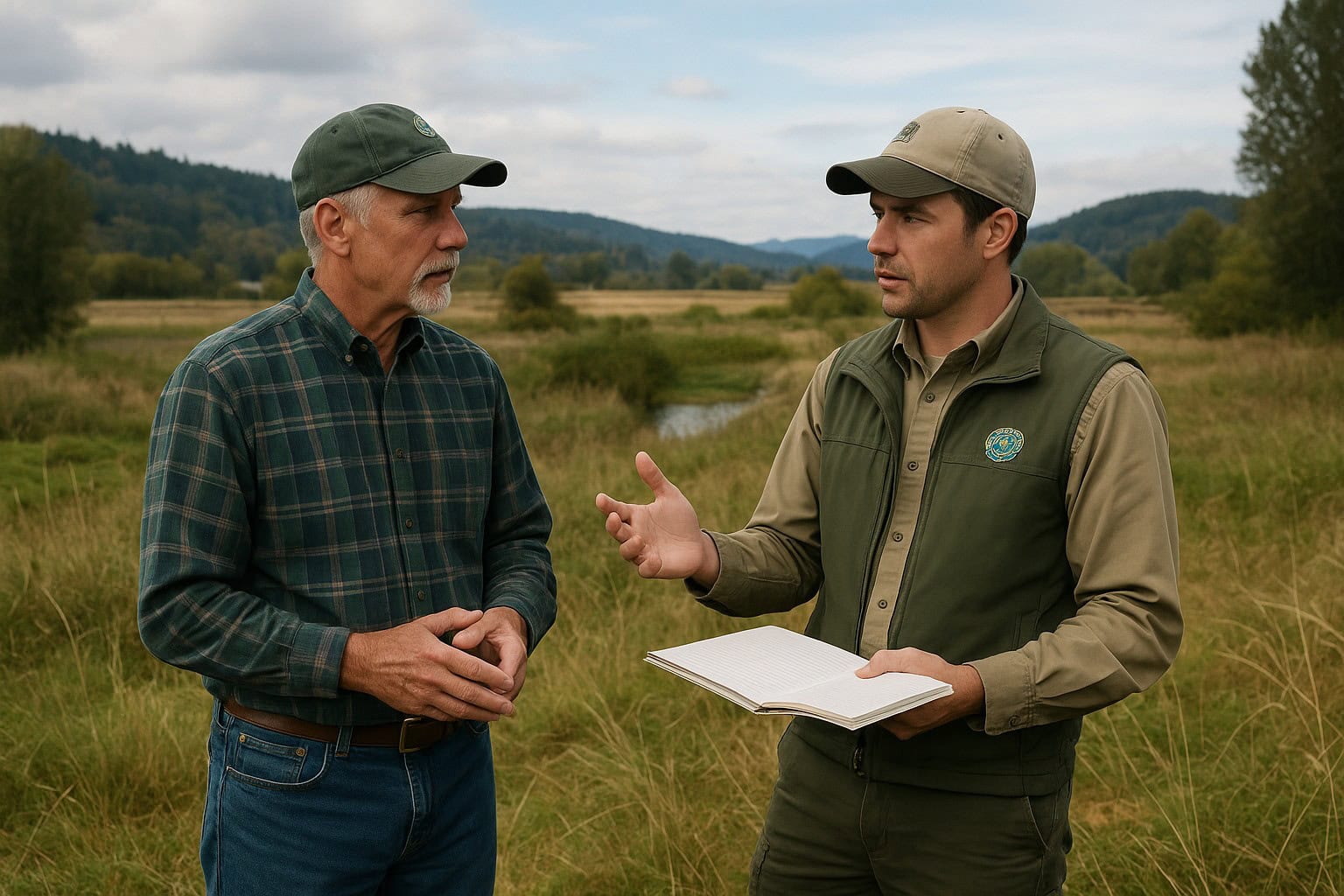 Landowner and wildlife agency representative discussing habitat management.